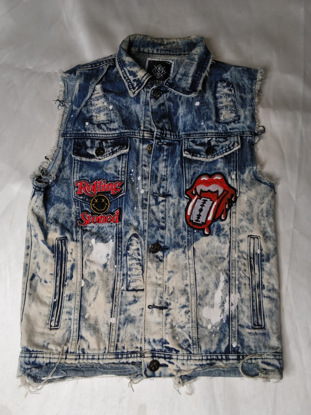 Denim Sleeveless Patch Jacket - Blue Acid Wash